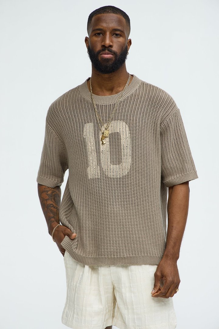 Printed Textured Knit Short Sleeve Tee - Brown