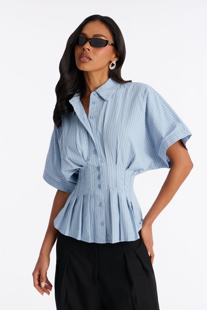 Take It Easy Pleated Stripe Linen Shirt - Blue/combo