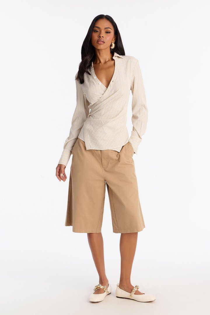 Savanna Wrap Over Striped Poplin Shirt - Stone/Combo