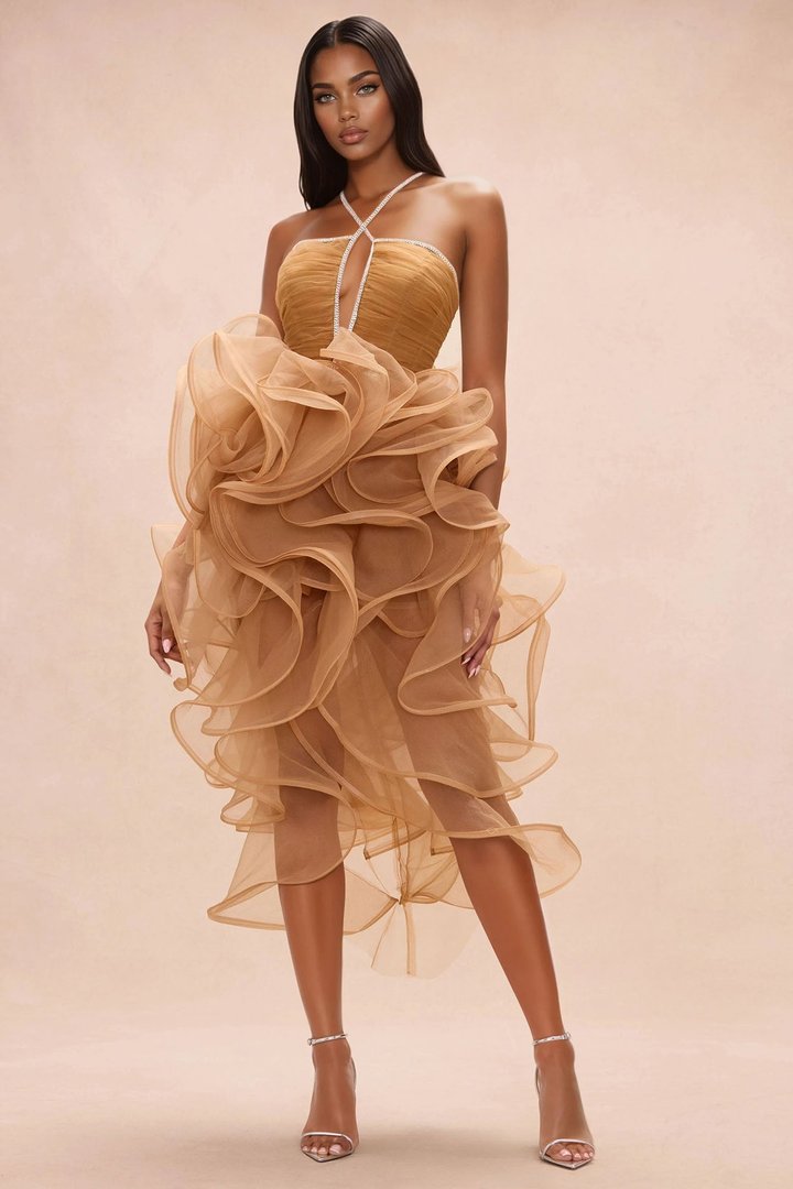 Cyra Rhinestone Ruffle Gown - Mocha