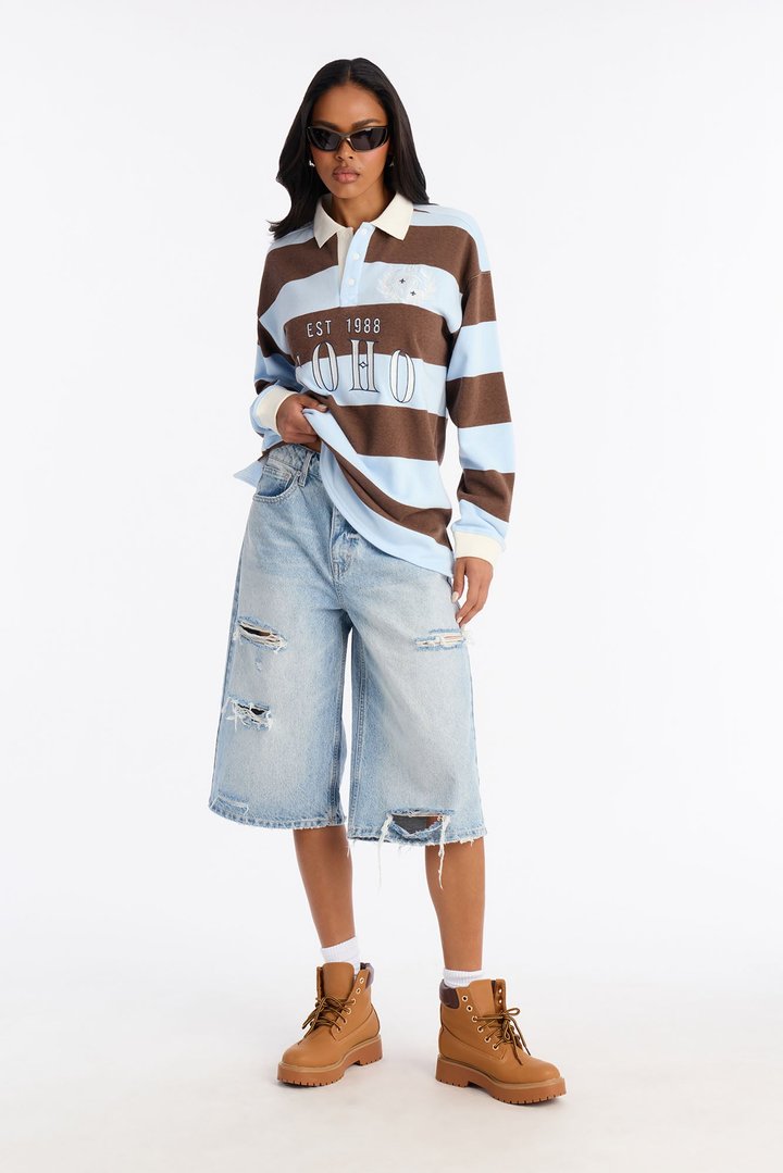 SOHO Striped Long Sleeve Embroidered Polo - Light Blue