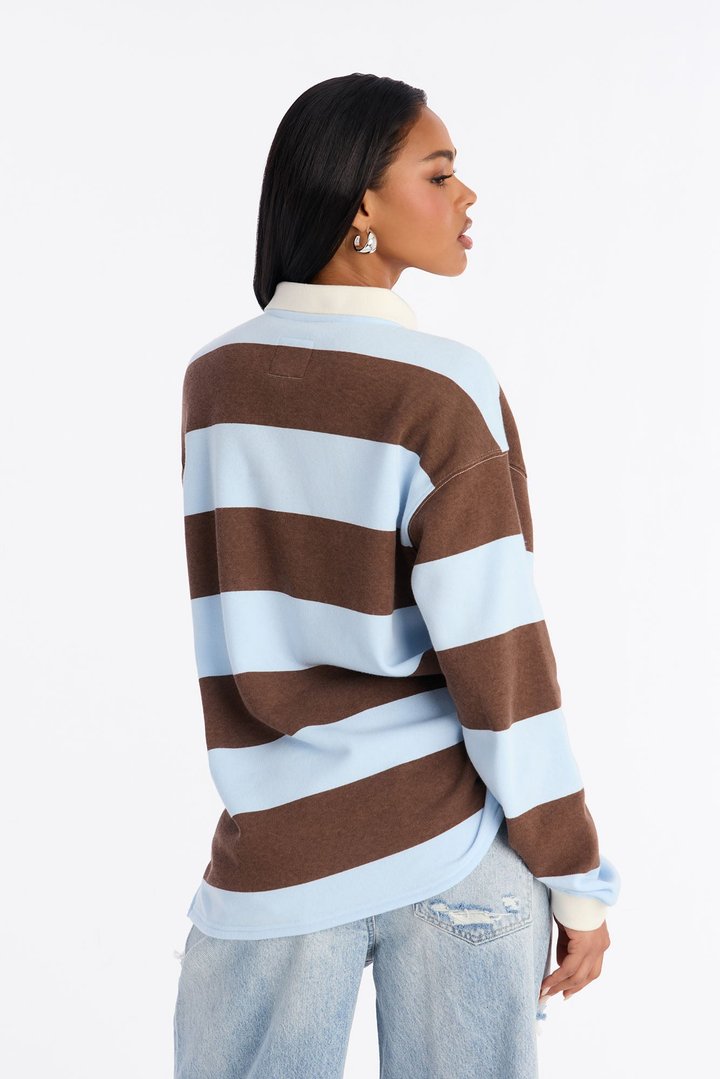SOHO Striped Long Sleeve Embroidered Polo - Light Blue