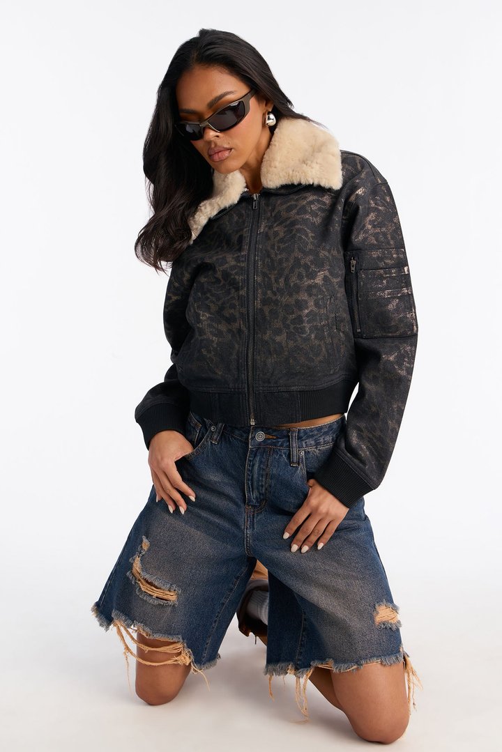 Lucky Leopard Denim Bomber Jacket - Black/combo