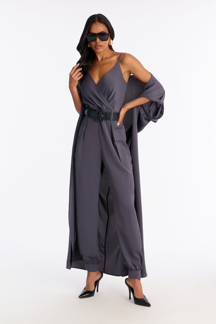 Gemma Jumpsuit And Long Jacket 2 Piece Set - Charcoal
