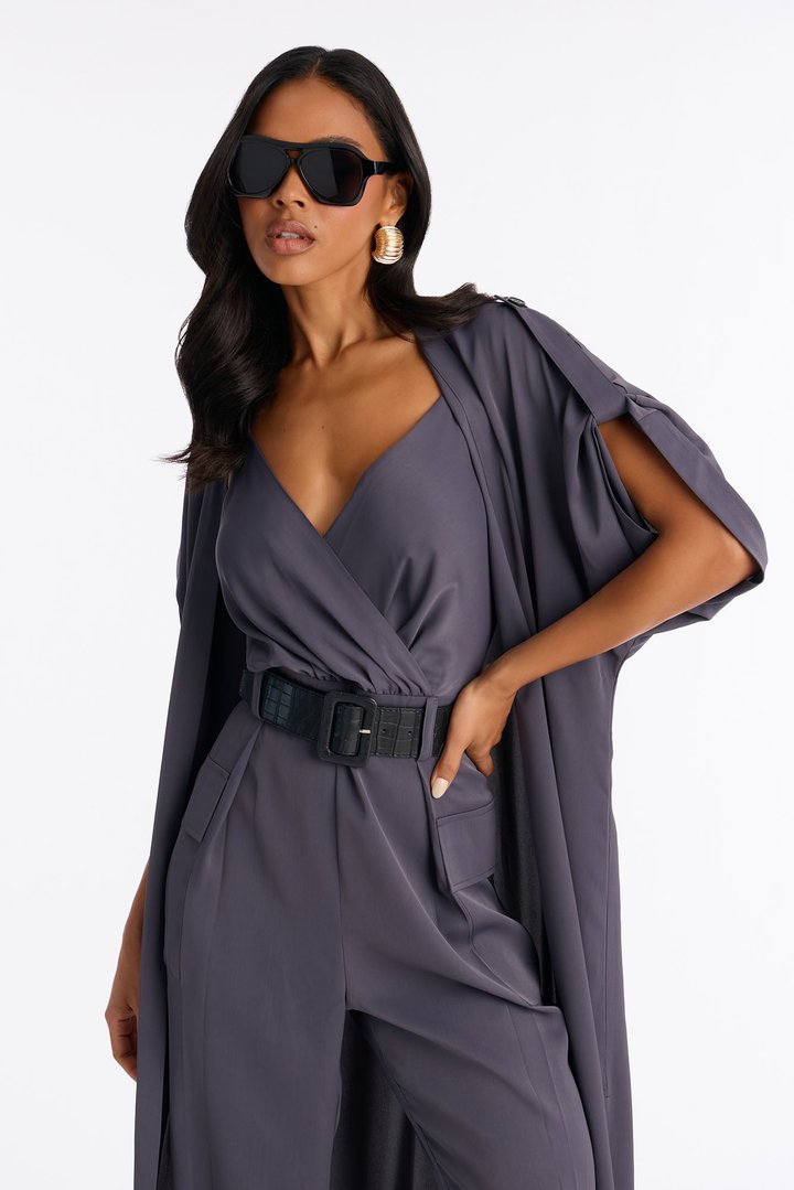 Gemma Jumpsuit And Long Jacket 2 Piece Set - Charcoal