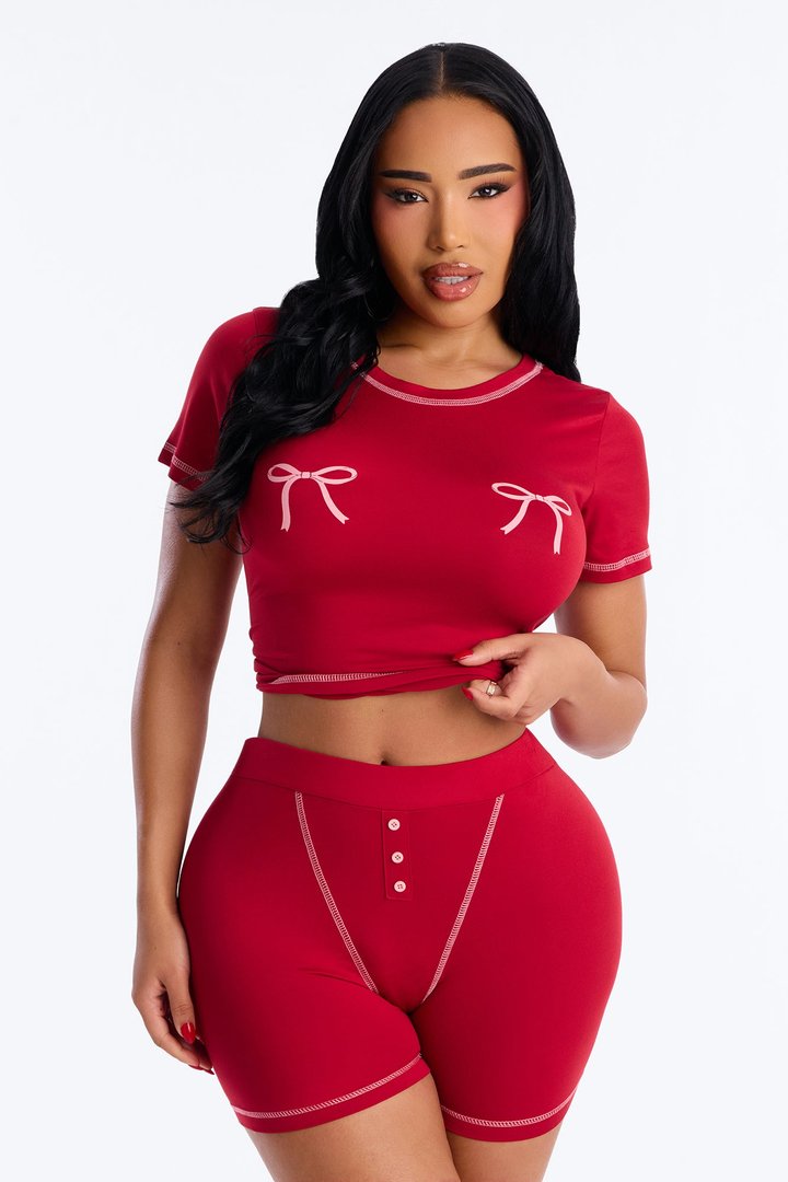 So Cute Bow PJ Boxer Short Set - DarkRed