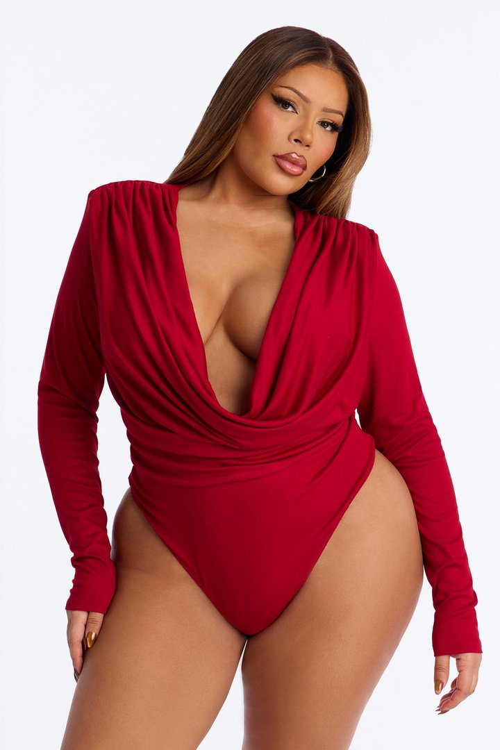 Adele Cowl Neck Long Sleeve Bodysuit - Red