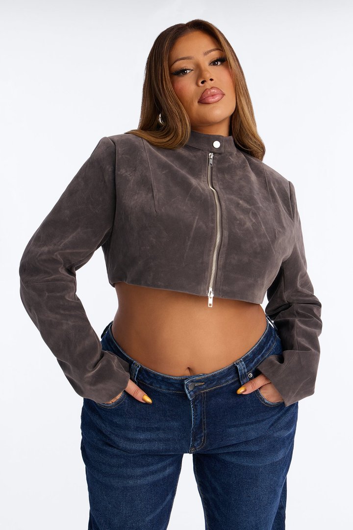 Blake Cropped Faux Suede Moto Jacket - Grey