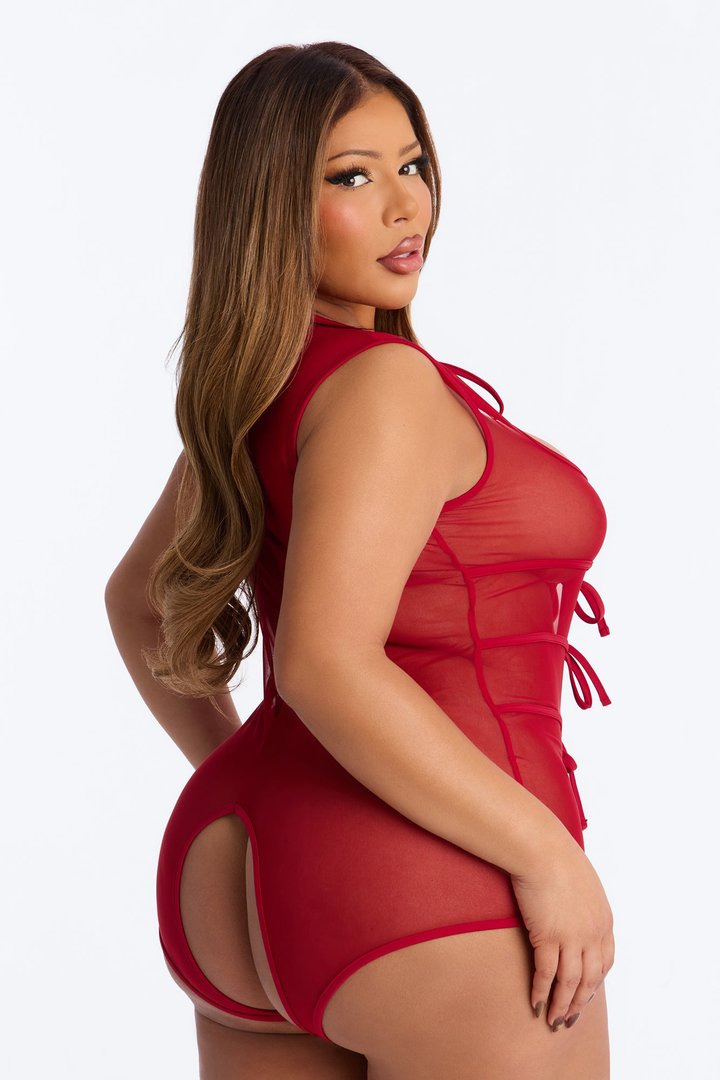 Always Close To You Sheer Crotchless Romper - Burgundy
