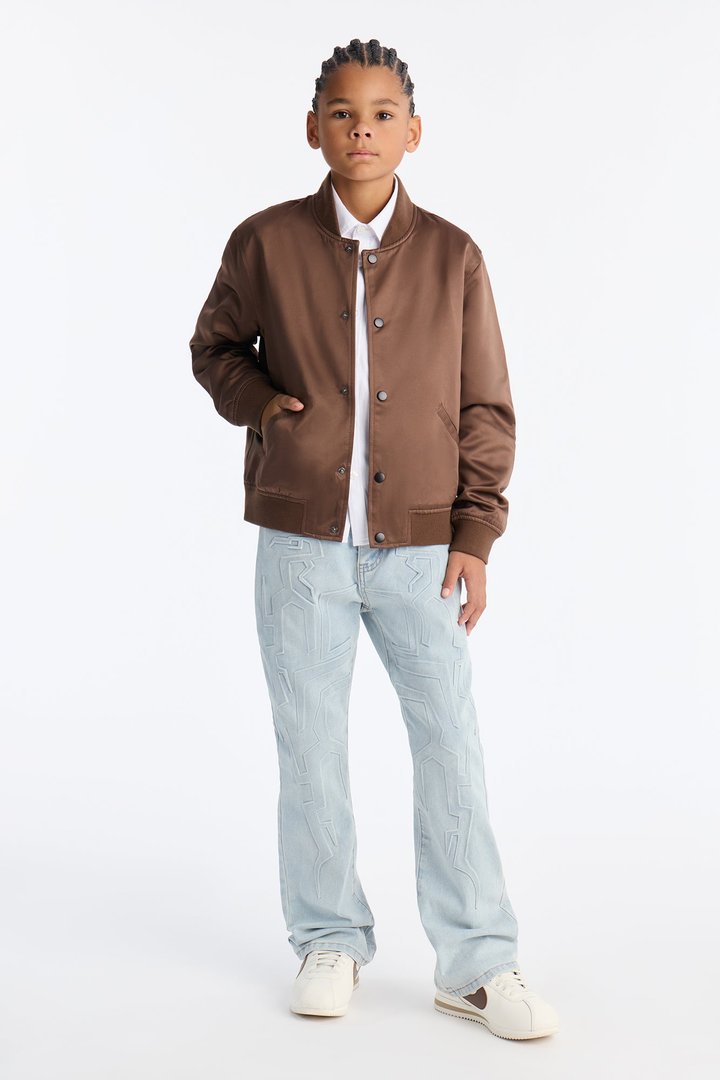 Mini Stacked Slim Flare Embossed Jinu Jean - Light Wash
