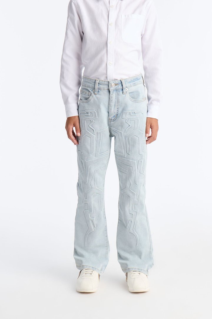Mini Stacked Slim Flare Embossed Jinu Jean - Light Wash