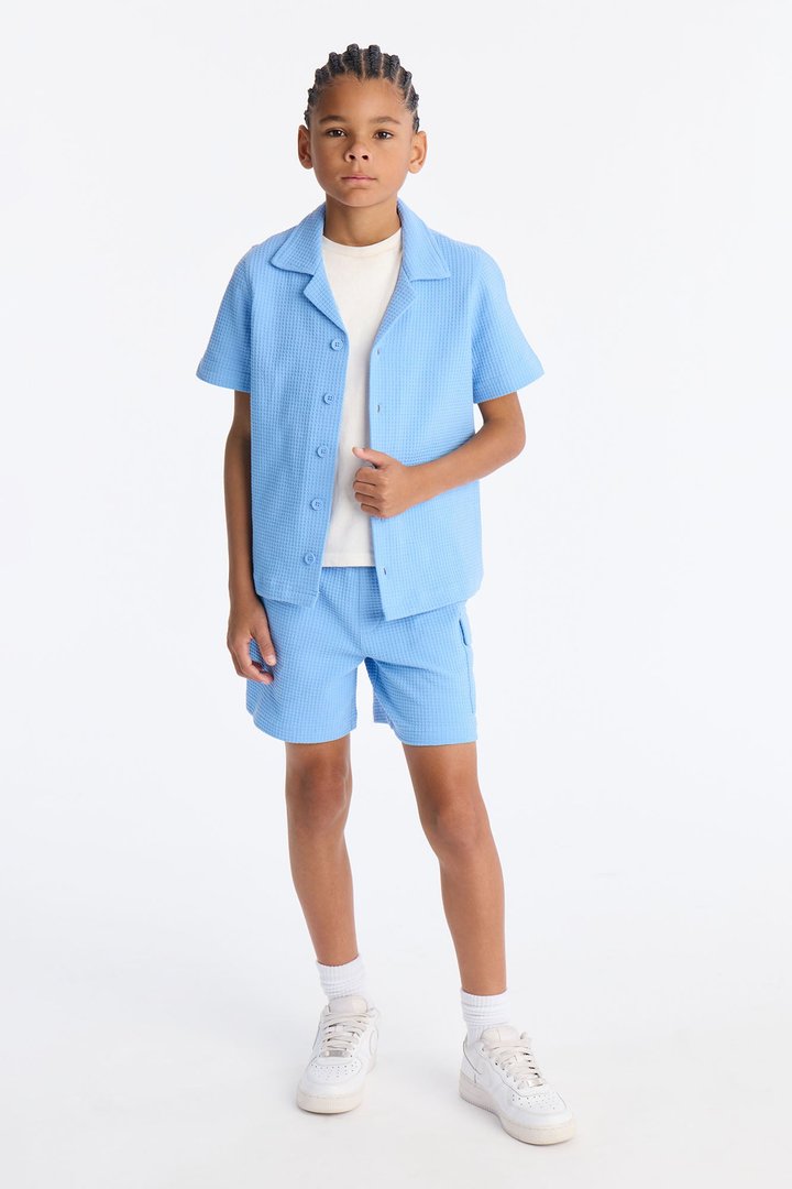 Mini Culver City Waffle Knit Button Up - Light Blue