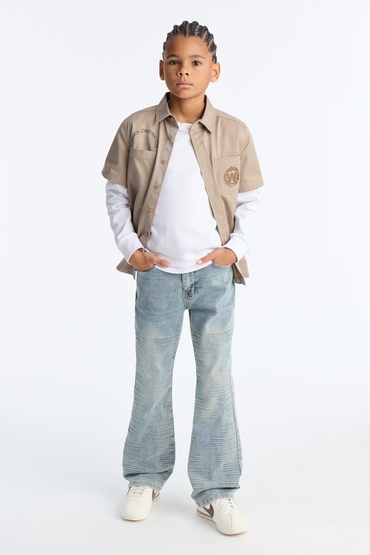 Mini Stacked Skinny Flare Embossed Vertigo Line Jean - Light Wash