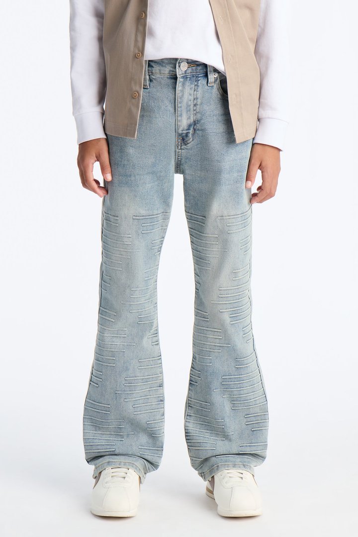 Mini Stacked Skinny Flare Embossed Vertigo Line Jean - Light Wash