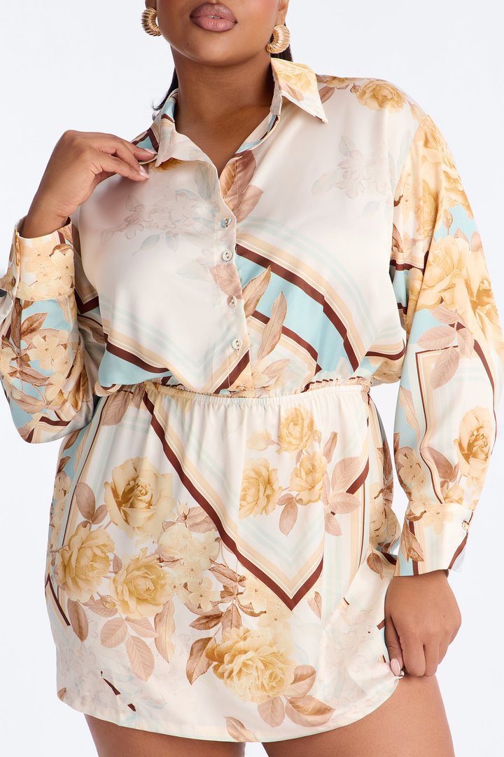 Madeleine Long Sleeve Satin Mini Dress - Ivory/combo