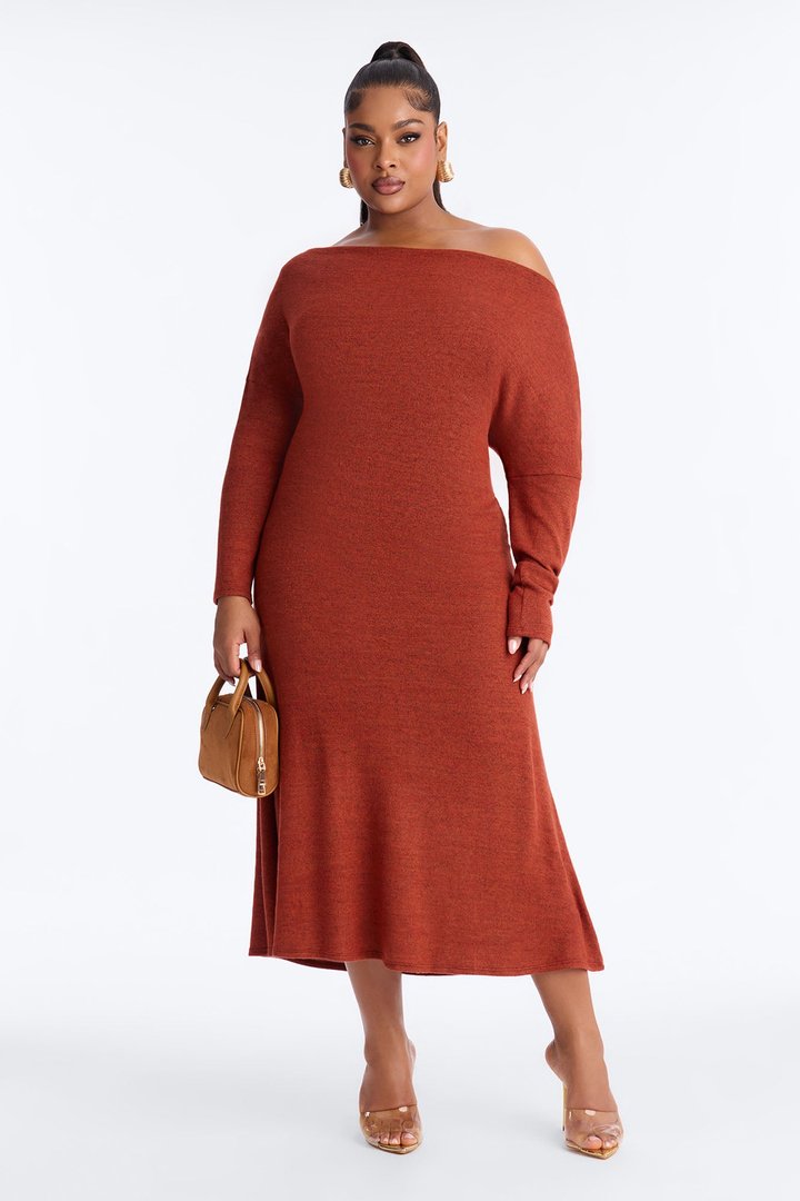 Bellina Off Shoulder Sweater Midi Dress - Red