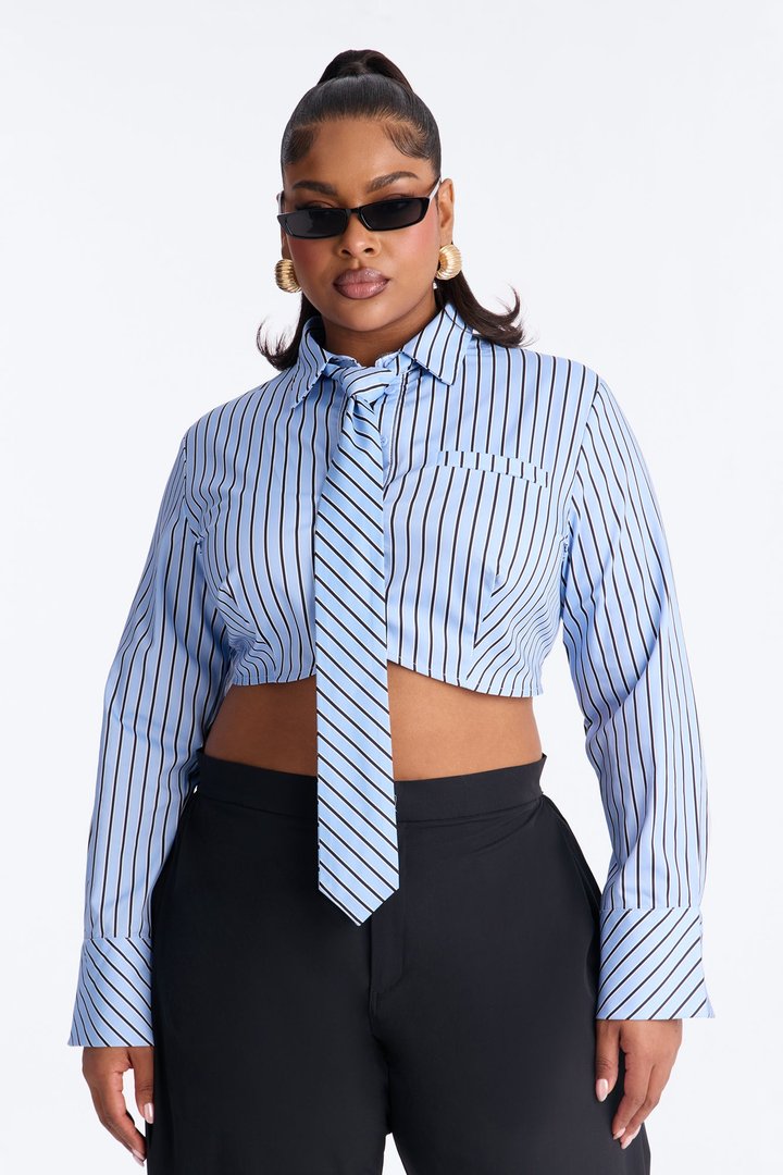 Real Woman Striped Poplin Tie Shirt - Blue/combo