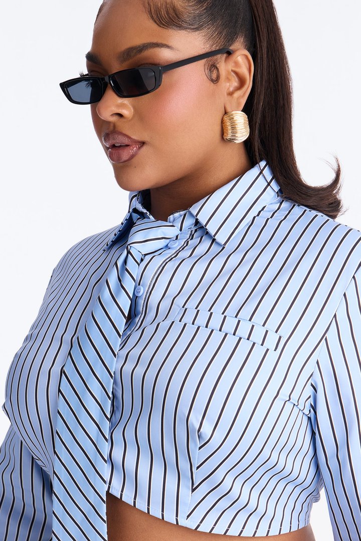 Real Woman Striped Poplin Tie Shirt - Blue/combo