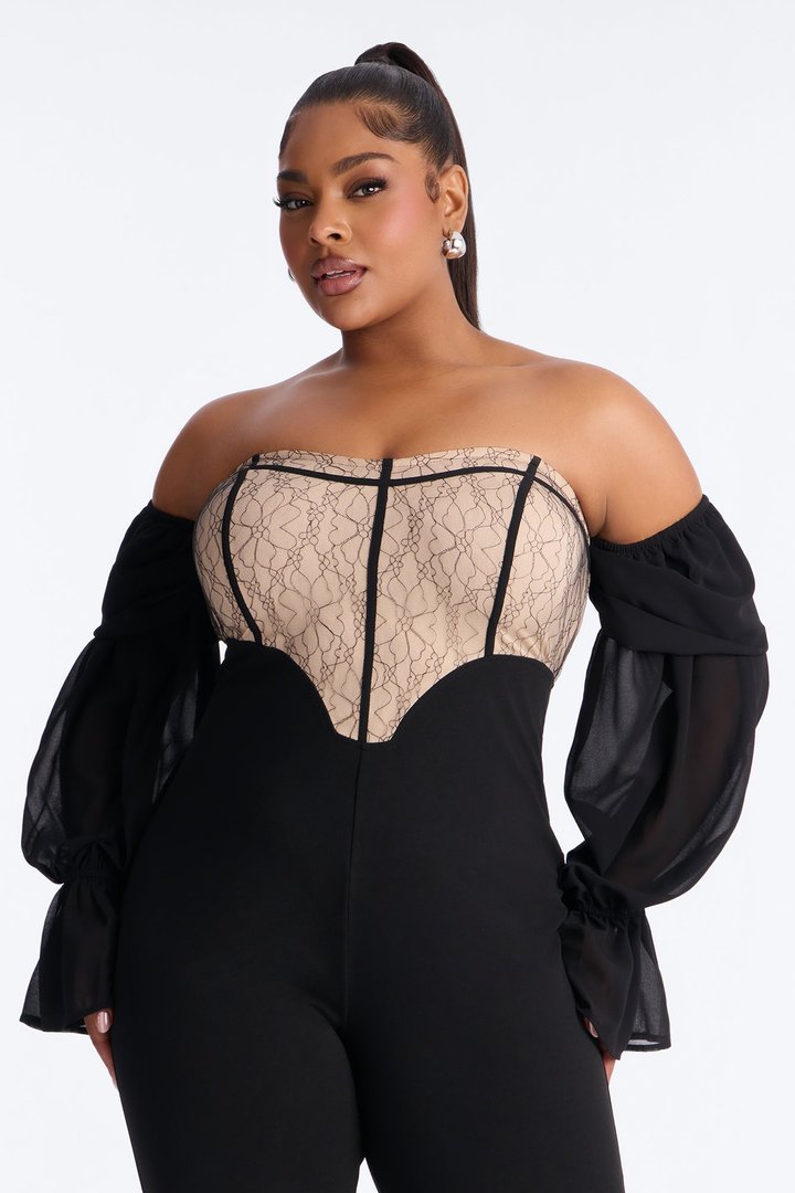 Janelle Lace Trim Flare Leg Jumpsuit - Black