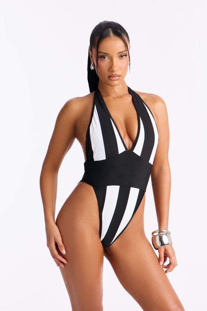 Andrea Striped 1 Piece Swimsuit And Hat - Black/White