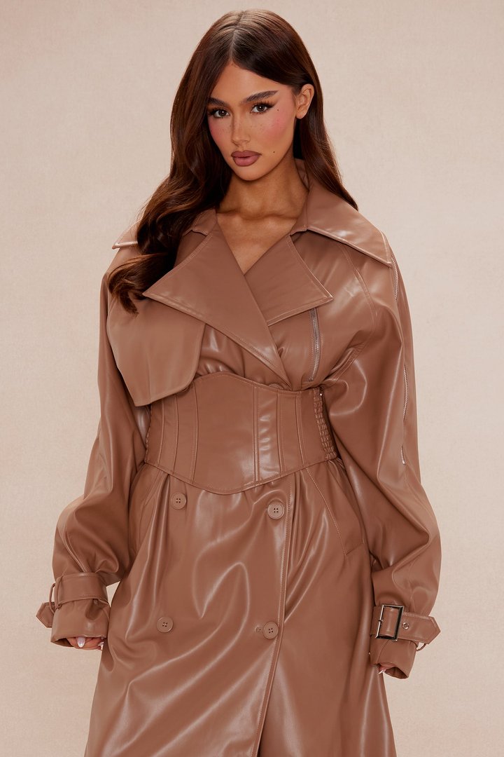 Kendra Faux Leather Trench Coat - Camel