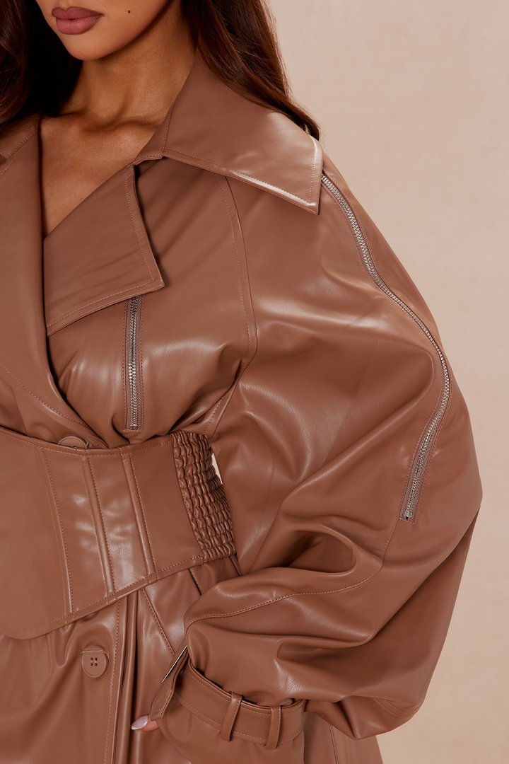 Kendra Faux Leather Trench Coat - Camel