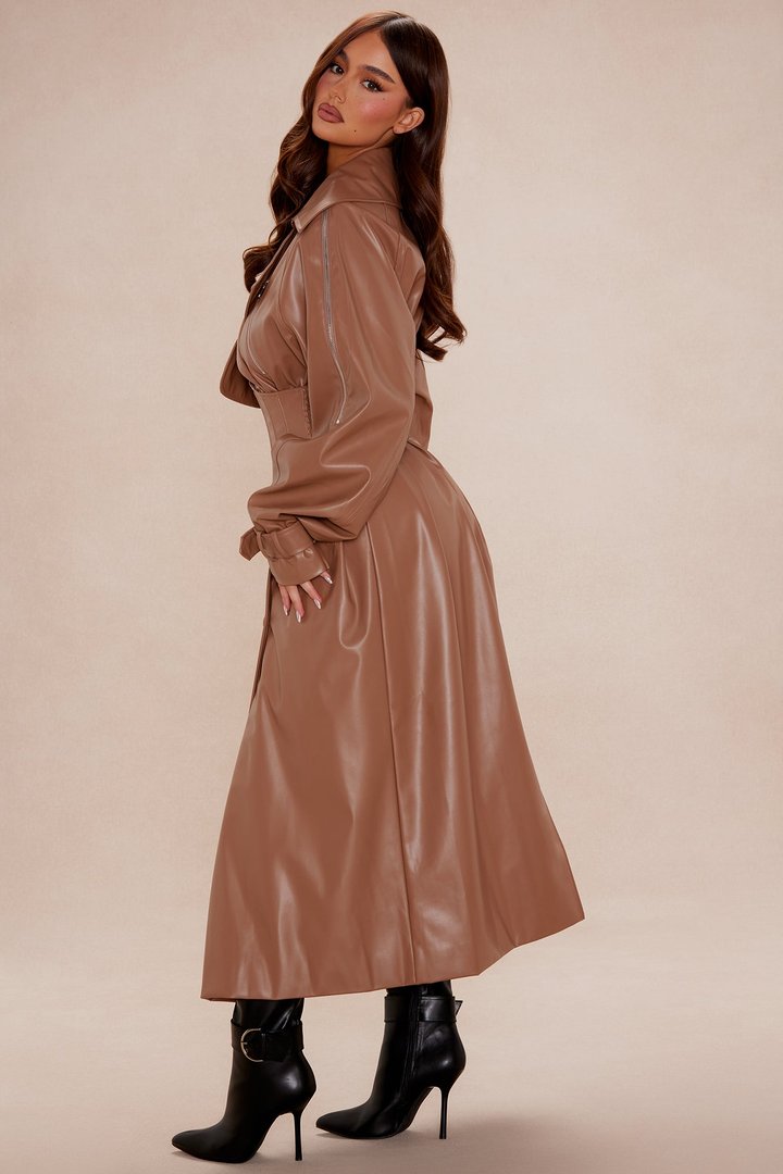 Kendra Faux Leather Trench Coat - Camel