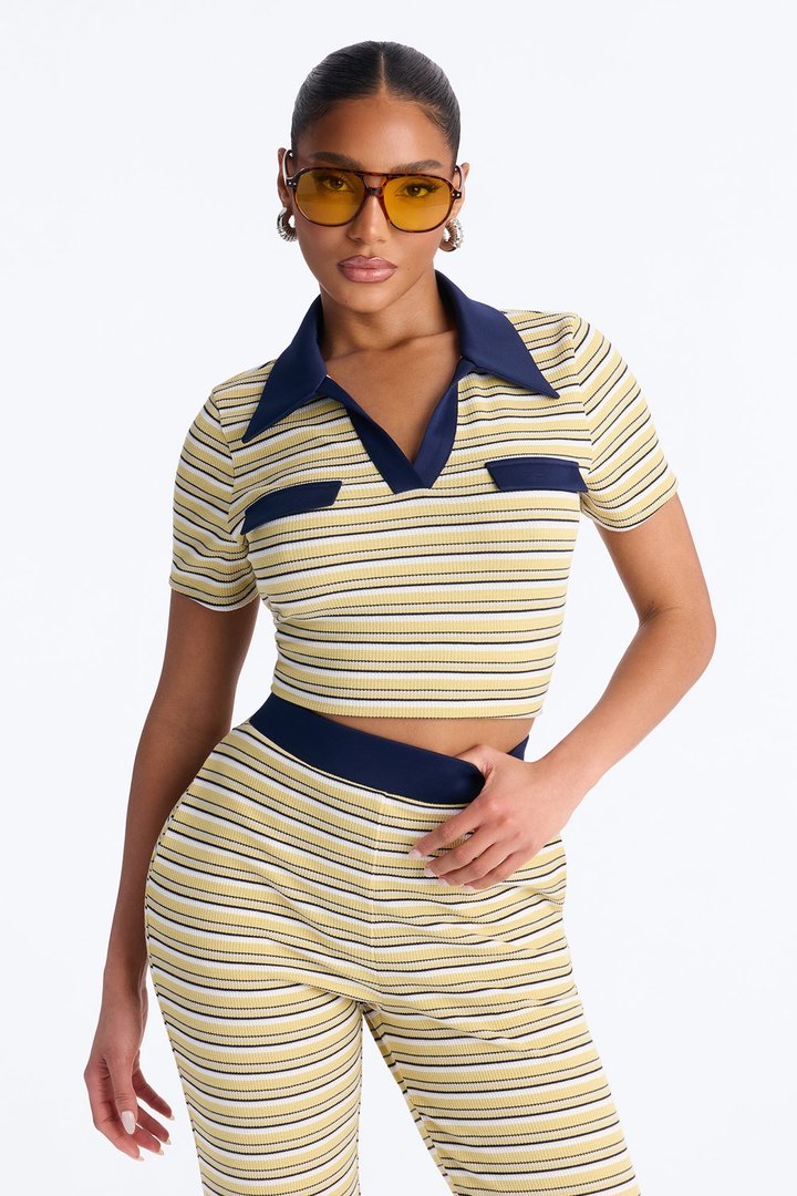 Josie Striped Polo Pant Set - Yellow