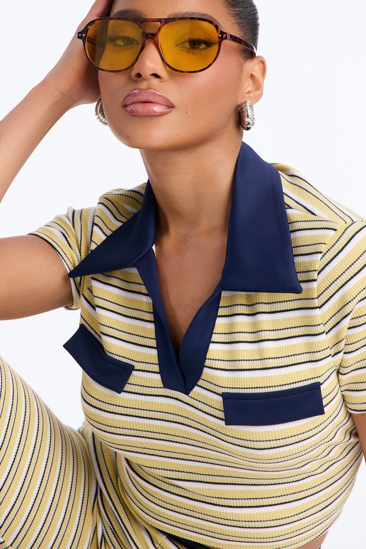 Josie Striped Polo Pant Set - Yellow