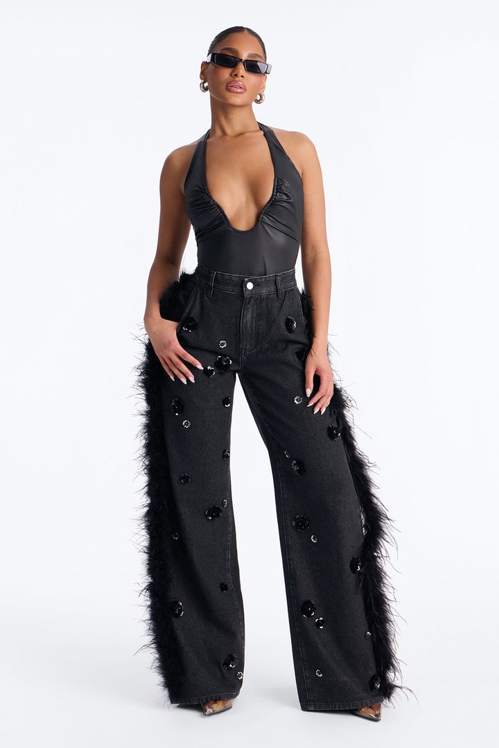 Luxurious Living Embellished Faux Fur Jeans - Black Wash