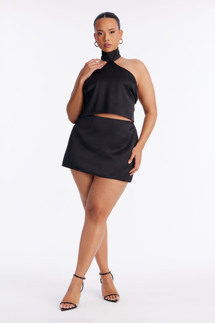 Kiss Me I'm Cute Bodycon Satin Mini Skirt - Black