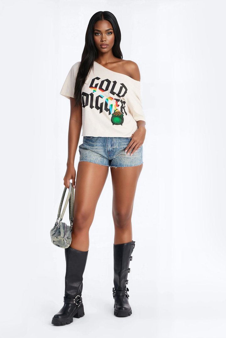 St. Patrick's Day Gold Digger Off Shoulder Tee - Cream