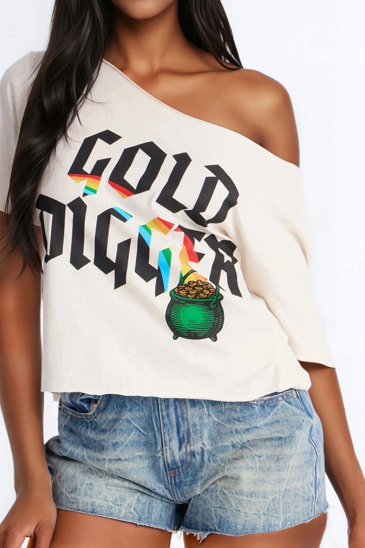 St. Patrick's Day Gold Digger Off Shoulder Tee - Cream