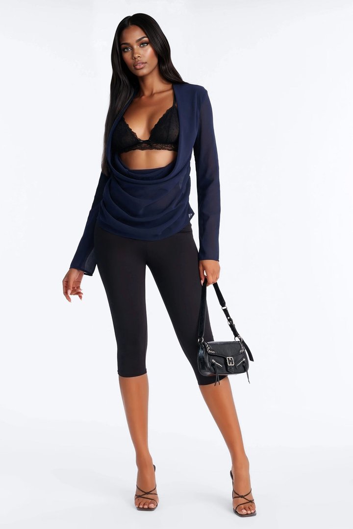 Stuck In A Dream Cowl Neck Chiffon Blouse - Navy
