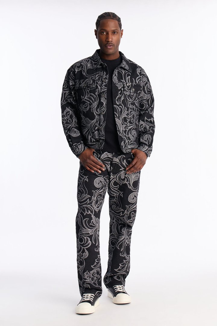 Relaxed Cropped Baroque Jacquard Denim Jacket - Black Wash