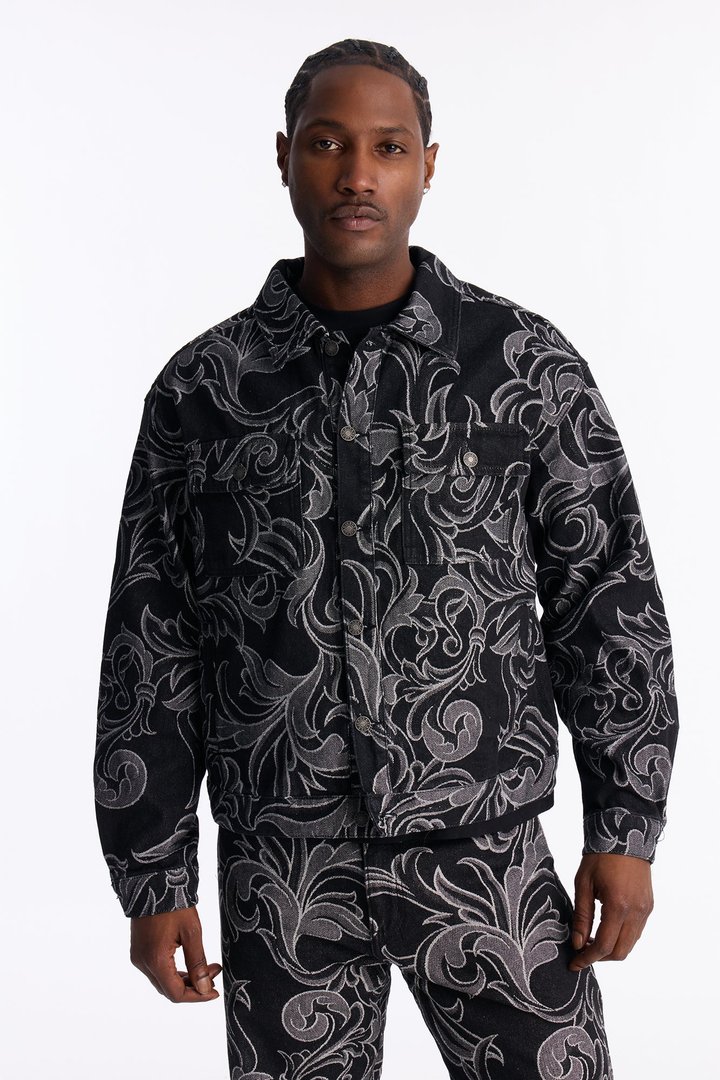 Relaxed Cropped Baroque Jacquard Denim Jacket - Black Wash