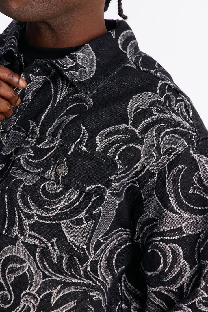 Relaxed Cropped Baroque Jacquard Denim Jacket - Black Wash