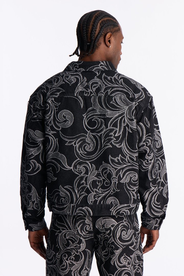 Relaxed Cropped Baroque Jacquard Denim Jacket - Black Wash