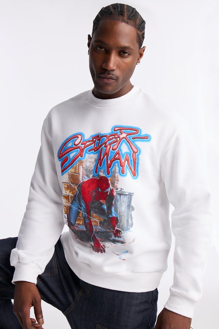 Marvel Spiderman Crawling Spider Crew Neck Sweatshirt - White