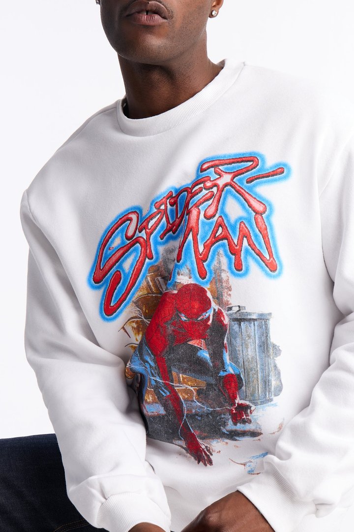 Marvel Spiderman Crawling Spider Crew Neck Sweatshirt - White