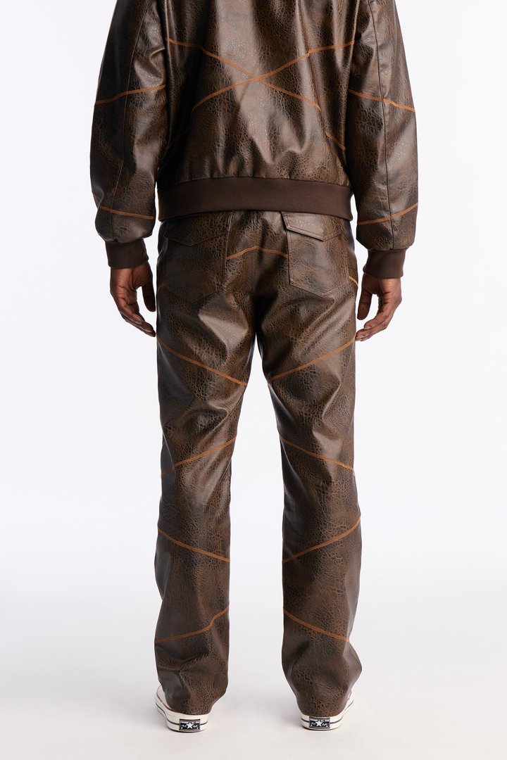 Straight Vintage Chainstitch Faux Leather Pant - Brown