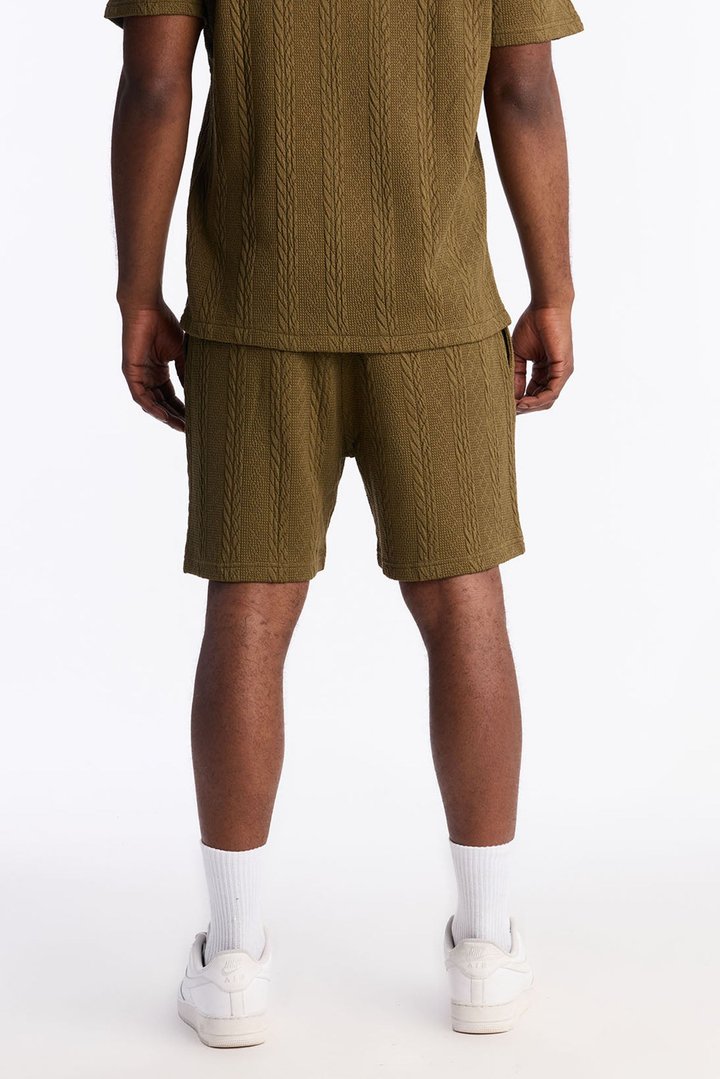 Textured Stripes Relaxed Drawstring Shorts - Olive