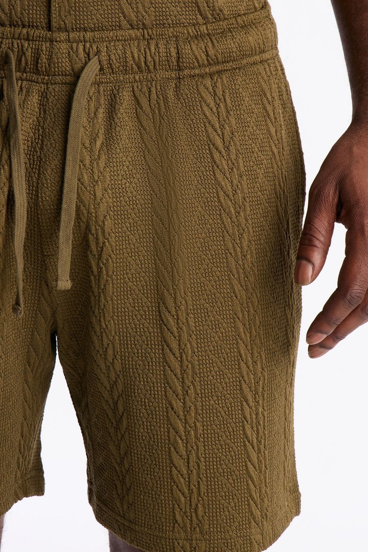 Textured Stripes Relaxed Drawstring Shorts - Olive