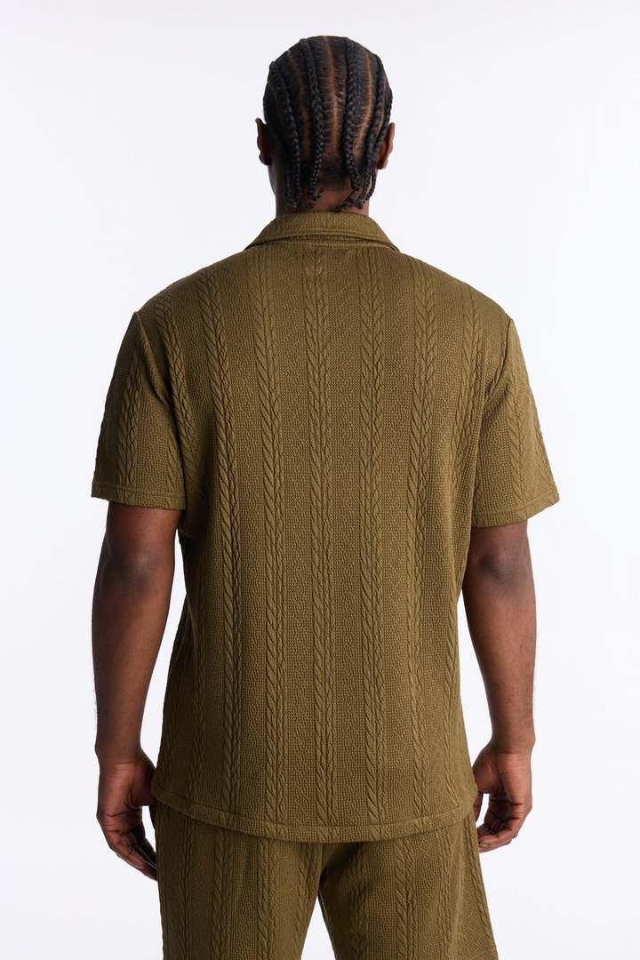 Textured Stripes Cuban Short Sleeve Button Up Shirt - Olive