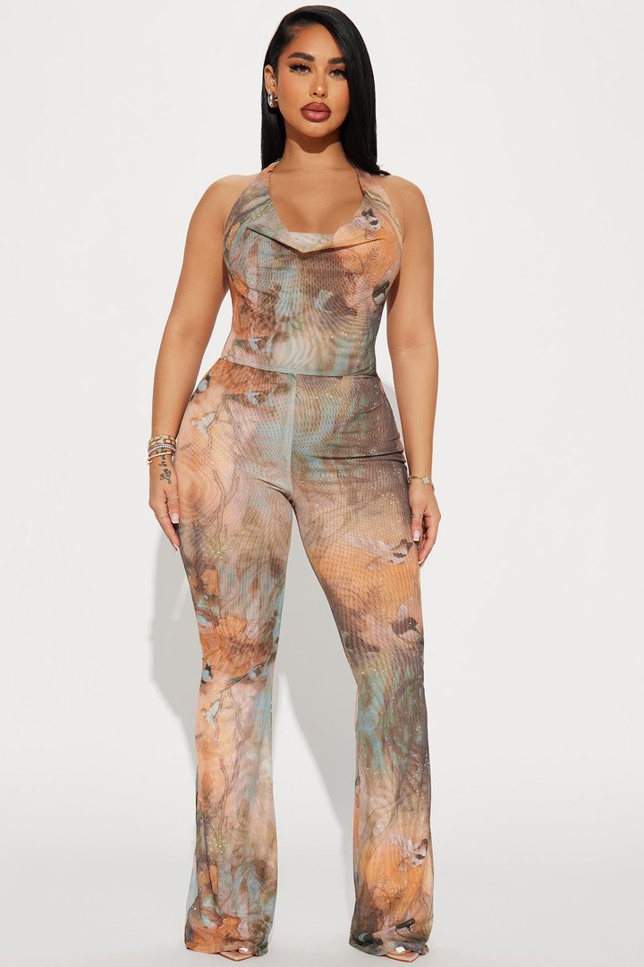 Invite Me Over Mesh Jumpsuit - Orange/combo