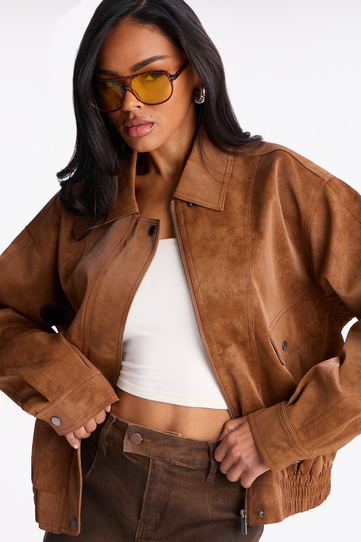 Corey Washed Faux Leather Bomber Jacket - Tan