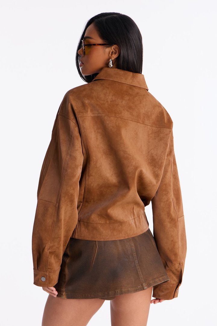 Corey Washed Faux Leather Bomber Jacket - Tan