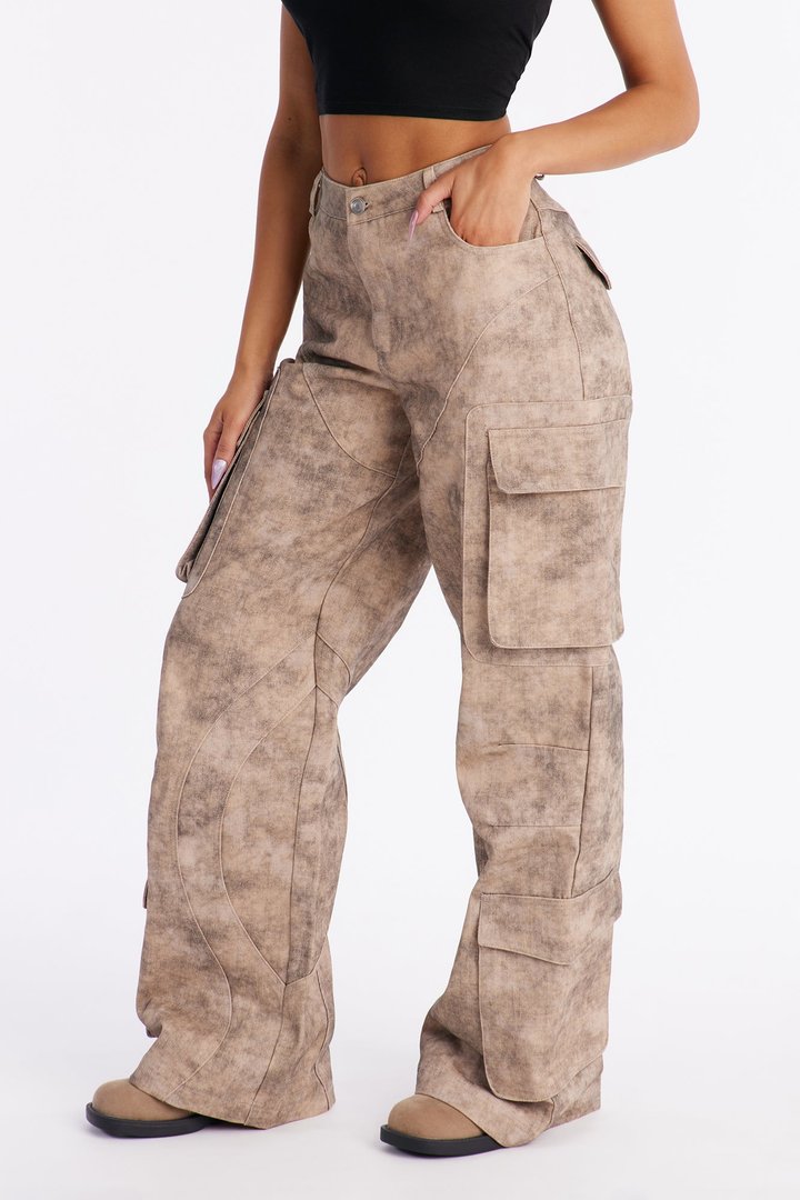 Bold Moves Washed Wide Leg Cargo Pant 33″ - Brown/combo