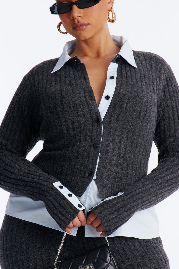 Lazy Monday Collar Sweater Wide Leg Pant Set - Charcoal