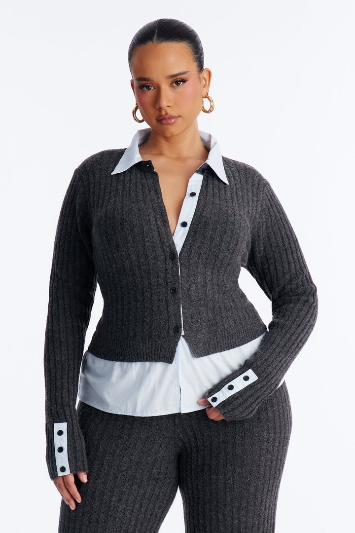 Lazy Monday Collar Sweater Wide Leg Pant Set - Charcoal